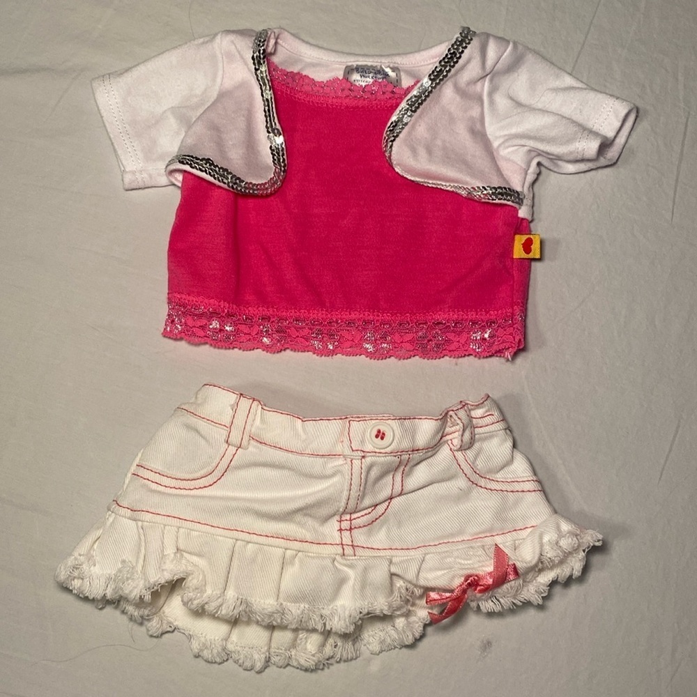 Build-A-Bear Workshop Early 2000s Pink and White Top and Skirt Outfit EUC